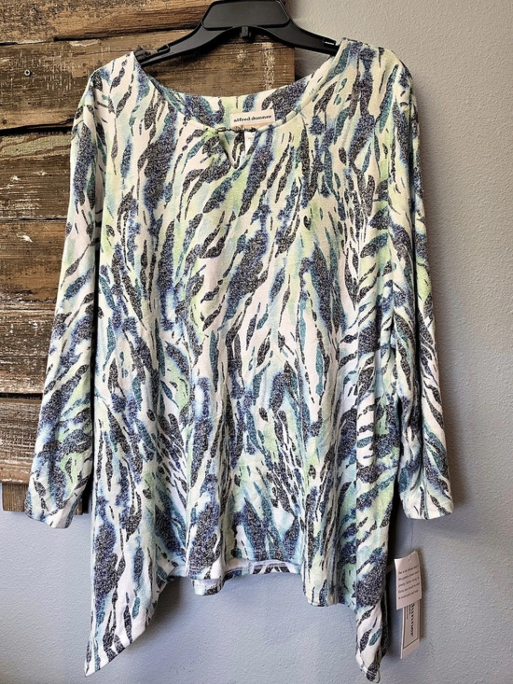 Alfred Dunner French Quarter Abstract Print Asymmetrical Hem Top Blue & Green 3X